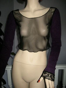 Top Negro Transparente Manga Extra Larga Púrpura Encaje Fiesta Gótico Crop Rock Tejido Hippy - Imagen 1 de 4