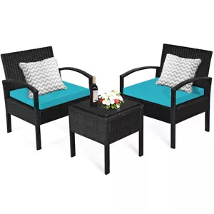 Patiojoy 3PCS Patio Rattan Furniture Set Conversation Sofa Cushioned Turquoise - Picture 1 of 9