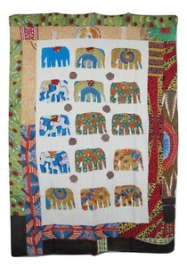Patchwork Kantha Applique Elephant Indian Made Cotton Throw 148 x 209cm - Picture 1 of 4