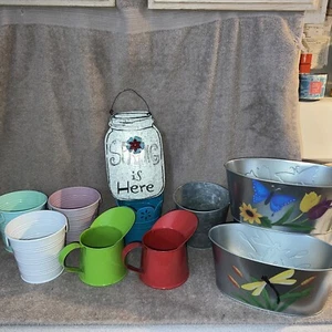 Gardening Lot. All Are Tin. Mini Watering Cans, Buckets, Tubs, “Spring Is Here” - Picture 1 of 13