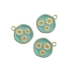 5 Gold Blue White Yellow Daisy Flower 20x17mm Flat Round Enamel Bead Drop Charms - Picture 1 of 2