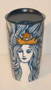 STARBUCKS 2016 Gold Crown Blue Mermaid Siren 12oz Ceramic Travel Tumbler Mug Lid - Picture 1 of 10