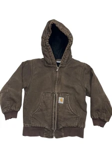 Carhartt Jacket Youth XS Brown Hooded Full Zip Workwear Distressed Lined Canvas - Picture 1 of 12