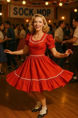 Vestido De Colección Años 70 Hecho a Mano S Rockabilly Columpio Volantes Country Rojo Punto Suizo Calcetín-Hop Foto 1 de 4