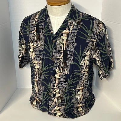 Camisa Newport Verde Negra Hojas de Palma Hula Bailarina Aloha Talla Mediana Rayón Foto 1 de 4