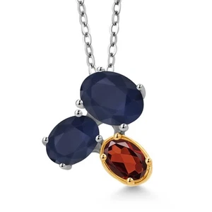 925 Silver and 10K Yellow Gold Sapphire and Garnet Pendant Necklace For Women - Picture 1 of 4
