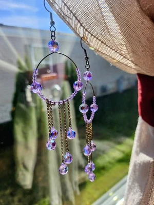Vintage Swarovski Austrian Crystal Chandelier Earrings Purple Iridescent  - Image 1 of 3