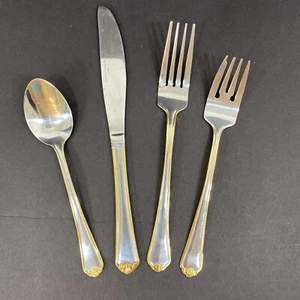 Cuchara tenedor cuchillo de ajuste de 4 piezas International Silver inoxidable con acento dorado - Imagen 1 de 12