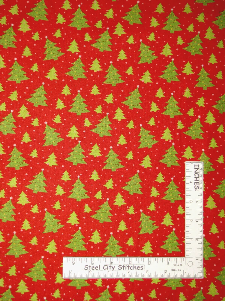 Árboles de Navidad Pino Verde Lanzamiento en Tela de Algodón Rojo Vacaciones por Yarda Foto 1 de 1