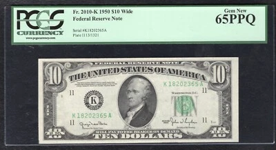 FR. 2010-K 1950 $10 WIDE FRN FEDERAL RESERVE NOTE DALLAS, TX PCGS GEM UNC-65PPQ - Image 1 of 2