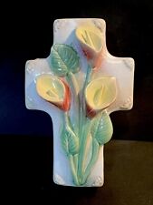 Vintage Ceramic Porcelain Easter Applied Calle Lilies on Cross Trinket Box Decor