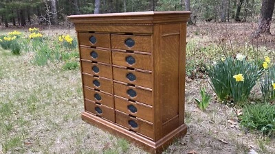 Antique Arts Crafts Tiger Oak 12 Drawer Wood File Cabinet Apothecary Hall Table - Image 1 of 4