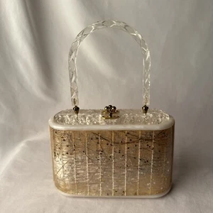 1950s Cream and Gold Star Confetti Lucite Bag with Twisted Lucite Handle 50s - Picture 1 of 13