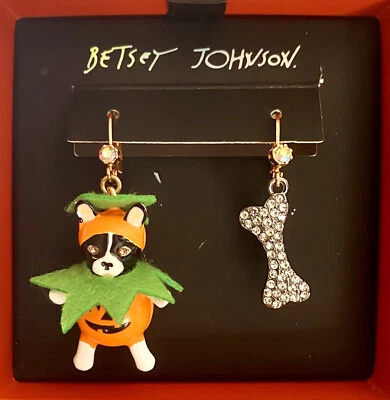 PENDIENTES BETSEY JOHNSON CALABAZA PERRO Y HUESO PAVÉ DESAJUSTE HALLOWEEN GOTA NUEVOS EN CAJA $42 Foto 1 de 4
