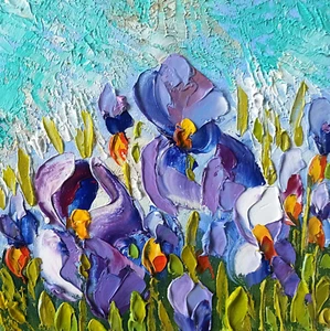 Irises Painting Original Art Impasto Oil Painting Flower still life 20x20cm - Picture 1 of 24