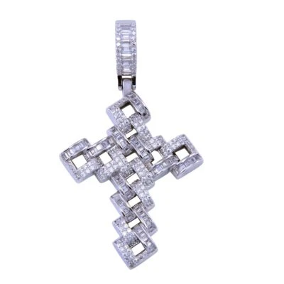 Ciondolo Hip Hop In Argento Sterling Con Croce E Pietre CZ Micro Pave - Immagine 1 di 2