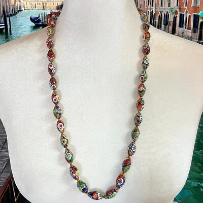 New VTG Murano Moretti Millefiori Venetian Glass Bead Necklace Barrel Clasp NOS - Image 1 of 4