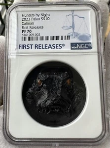 NGC PF70 FR 2023 Palau Hunters by Night Caiman Coin UHR 2oz silver obsidian - Picture 1 of 3