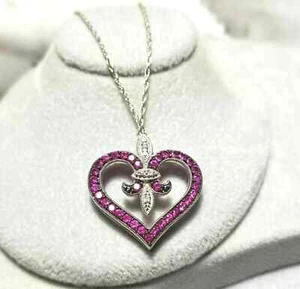 1 Ct Round Cut Lab-Created Pink Ruby Women's Heart Pendant 14K White Gold Plated - Picture 1 of 8