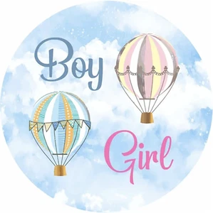 GENDER REVEAL BABY SHOWER BOY GIRL AIR BALLOONS CLOUDS PARTY ROUND BANNER - Picture 1 of 2