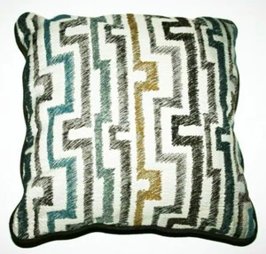 Blue White Gray Geometric Stripes Decorative Throw Pillow 16"x16" - Picture 1 of 3