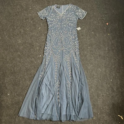 Pisarro Nights Dress Womens 4 Blue Gray Beaded Mesh Evening Gown Sleeve V Neck - Image 1 of 4