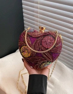 New Heart-Shaped Sequin Evening Clutch – Floral Embroidery with Gold Chain - Picture 1 of 7