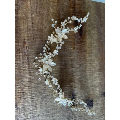 Gold Crystal Pearl Flower Hair Vine Bridal Wedding Headband Vine Accessory - Image 1 of 4