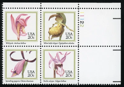 US - 1984 Orchids 20c SC# 2079a (2076-2079) Plate Block of 4 Singles Mint NH OG - Image 1 of 2