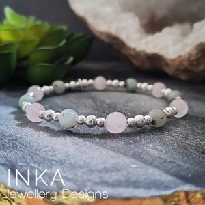 925 Sterling Silver Rose Quartz & Jasper Bracelet Stretch Beaded Stack By INKA - Picture 1 of 8