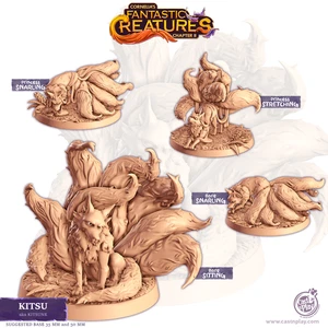 Kitsune Companion Kitsu Paintable Miniature 3D Printed Nine Tailed Fox - Picture 1 of 3