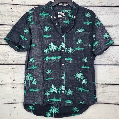 BKLYNSURF Men’s Button Up Shirt Large Black Green Palm Tree Print Short Sleeve 1 - Image 1 of 4