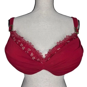 Cacique Bra 42D Underwire Plunge Padding Red Lace & Gold Metallic Trim - Picture 1 of 4