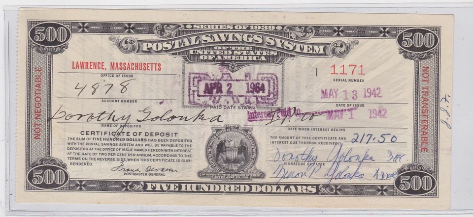 $500.00  SERIES OF 1939 POSTAL SAVINGS SYSTEM CERTIFICATE PAID LAWRENC MA  12114 - Image 1 of 2