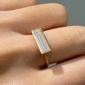 East West Bezel Set Baguette Cut Colorless Moissanite Solitaire Engagement Ring - Picture 1 of 9