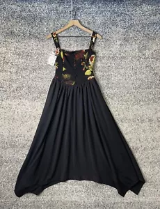 Black Floral Spaghetti Strap Dress A-Line High Waist Vintage Midi Summer Dress S - Picture 1 of 10