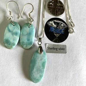 LARIMAR SLIM OVAL NECKLACE AND EARRING SET, ALL METAL IS 925 STERLING SILVER - Picture 1 of 6