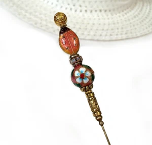 HATPIN with Vintage Cloisonne PEACH LADYBUG with Gold Flowers - 8" - Picture 1 of 12