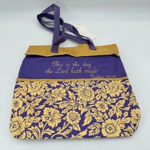 Polyester Purple Gold Floral Water Repellent Tote Bag Zip Pocket Psalms NWT - Picture 1 of 16