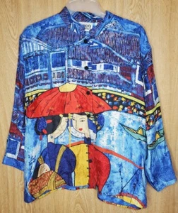 Vintage Chico's Design Oriental Silk Shirt Asian Women's Sz 1 Wearable Art - Picture 1 of 5