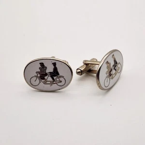 Vintage Tandem Bicycle Silver Tone White Enamel Cuff Links - Picture 1 of 6