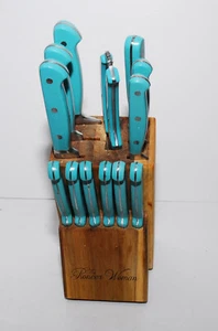 The Pioneer Woman 14 PC Cutlery Set Including the Block-Teal Nice Pre Owned - Picture 1 of 12