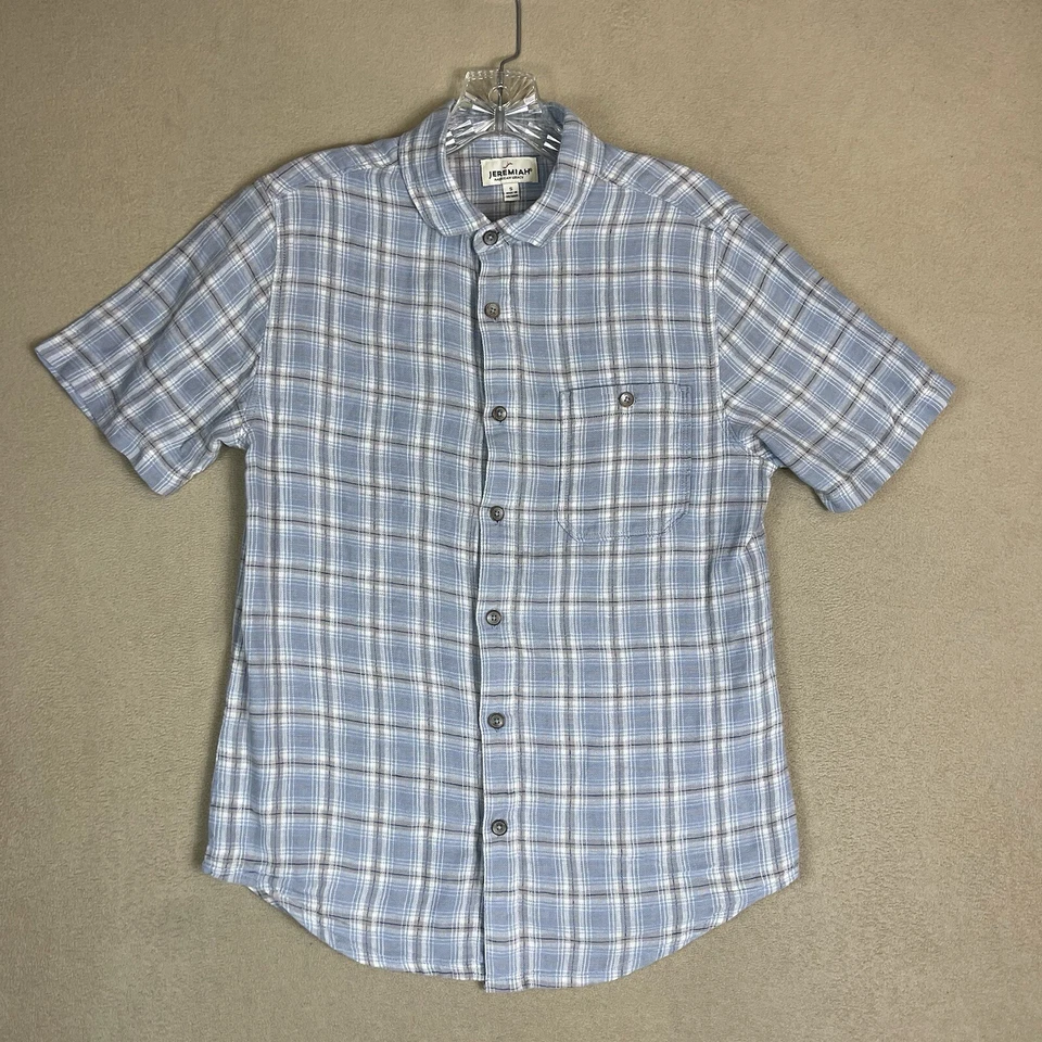 Jeremiah Shirt Mens Small Blue Plaid Short Sleeve Linen Bland Button Up Slim Fit - Image 1 of 4