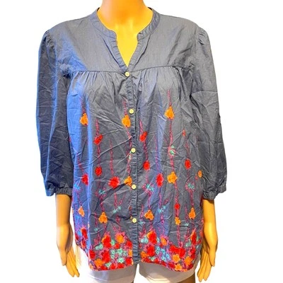 Blusa Top Mujer Antigua Azul Marino Algodón Boho Playa Verano Floral Abotonada Talla L Foto 1 de 4