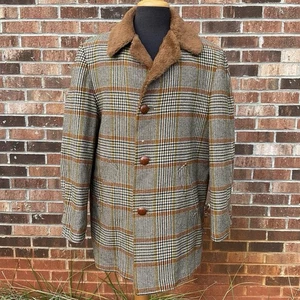Vintage 1960s Pendleton Wool Brown Plaid Fur Button Down Coat - Picture 1 of 6