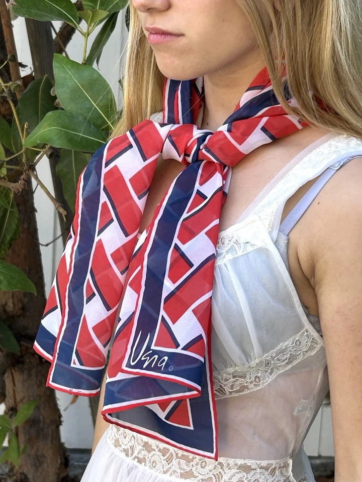 "Bufanda vintage Vera geométrica roja/azul 43"" X 15"" de gasa" Foto 1 de 4