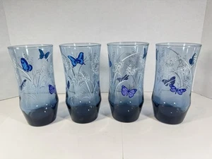 4er Set Libbey Rauchblau Glas Schmetterlinge Szene 10oz Becher Gläser - Bild 1 von 12