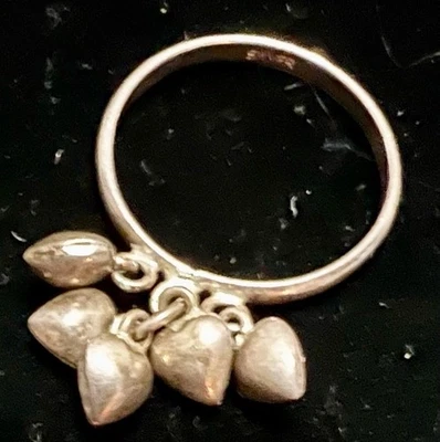 STERLING SILVER 5 Puffy Heart CHARM DANGLE Band RING Sz 6 Vintage LOVE - Image 1 of 4