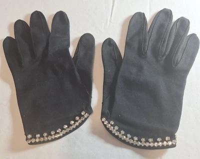 VTG Blk CRESCENDOE Rhinestone Embellished Leather Tailored COTTON SHORTIE GLOVES - Image 1 of 4