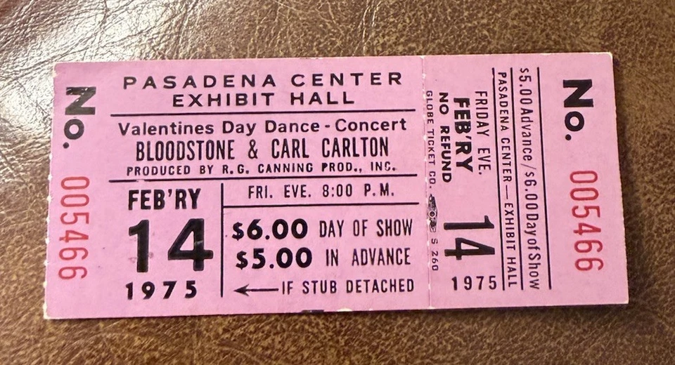BLOODSTONE/CARL CARLTON RARE UNUSED CONCERT TICKET PASADENA, CA 02/14/1975 - Image 1 of 1